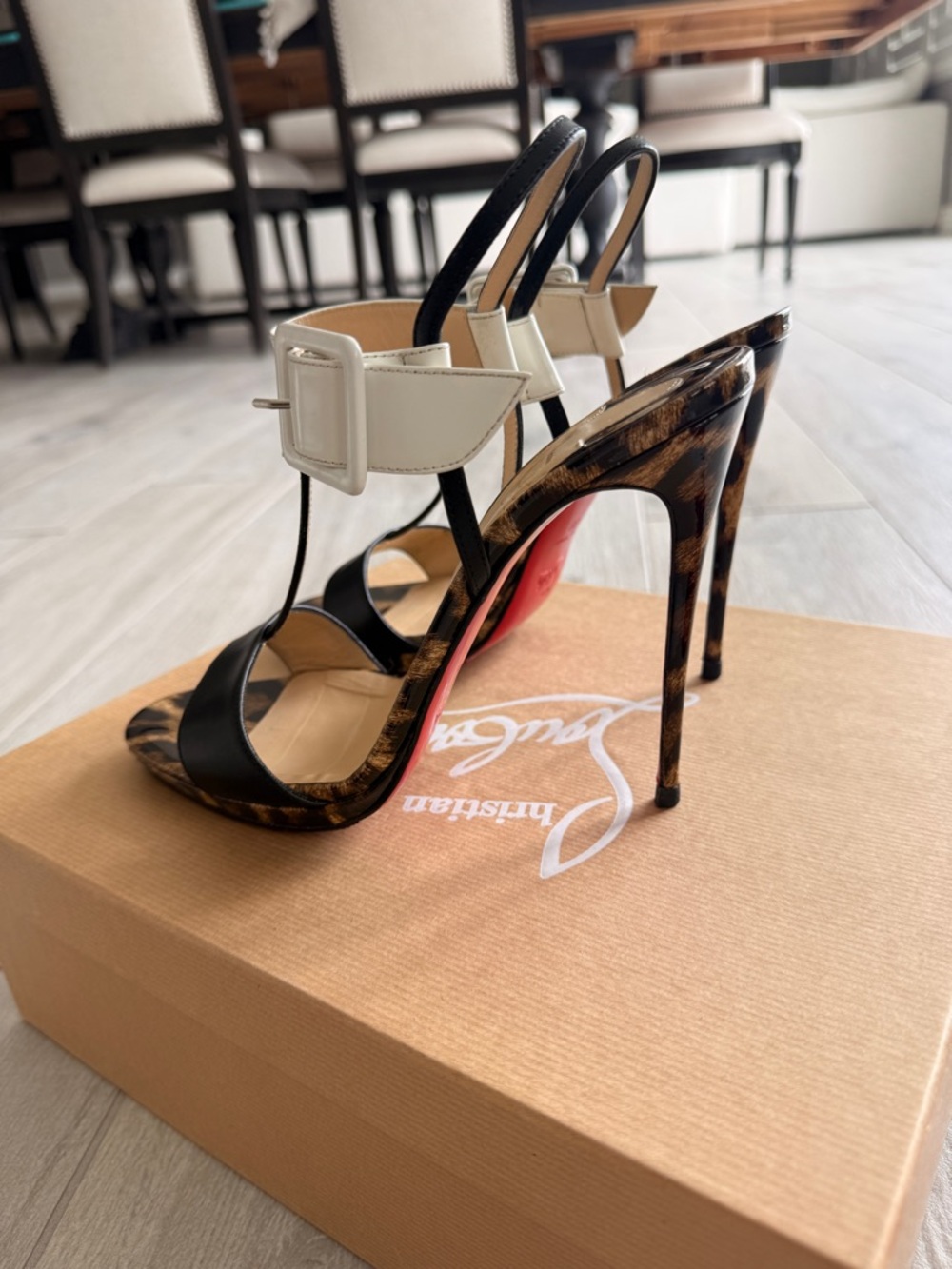 Christian Louboutin Leopard Print Stiletto Sandals with Black and Cream Straps - Picture 9 of 13